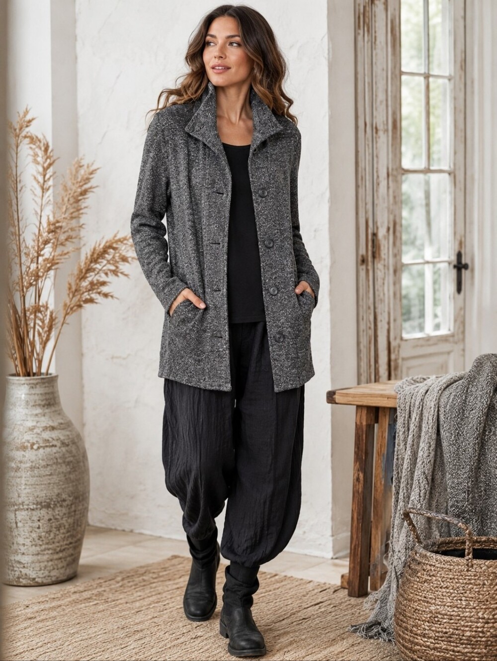 SOMA Knit Jacket Womens Medium Gray White Marled Textured Lagenlook Minimalist
